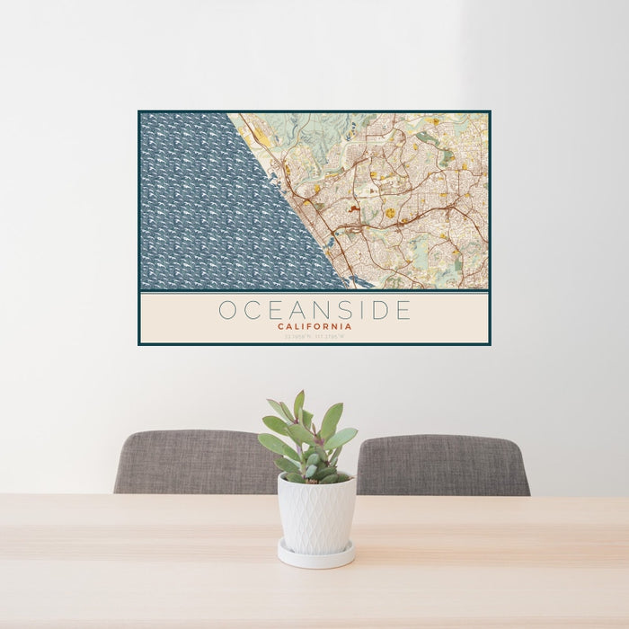 24x36 Oceanside California Map Print Landscape Orientation in Woodblock Style Behind 2 Chairs Table and Potted Plant