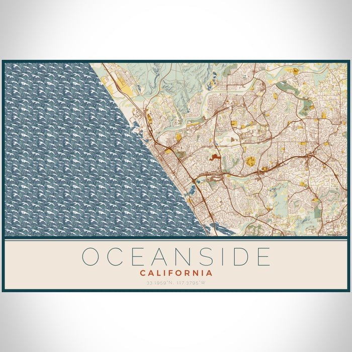 Oceanside California Map Print Landscape Orientation in Woodblock Style With Shaded Background