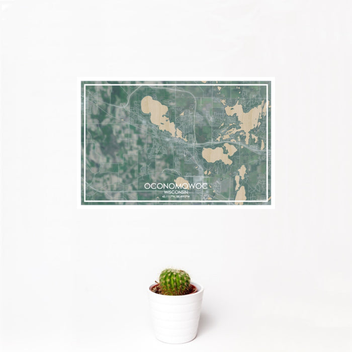 12x18 Oconomowoc Wisconsin Map Print Landscape Orientation in Afternoon Style With Small Cactus Plant in White Planter