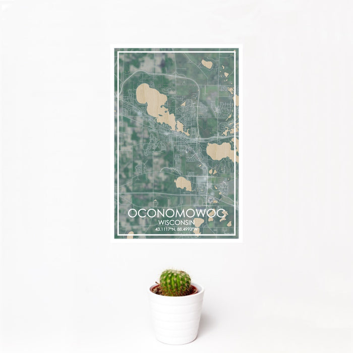12x18 Oconomowoc Wisconsin Map Print Portrait Orientation in Afternoon Style With Small Cactus Plant in White Planter