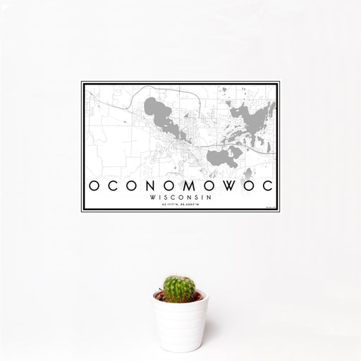 12x18 Oconomowoc Wisconsin Map Print Landscape Orientation in Classic Style With Small Cactus Plant in White Planter
