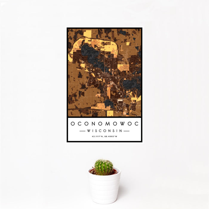 12x18 Oconomowoc Wisconsin Map Print Portrait Orientation in Ember Style With Small Cactus Plant in White Planter