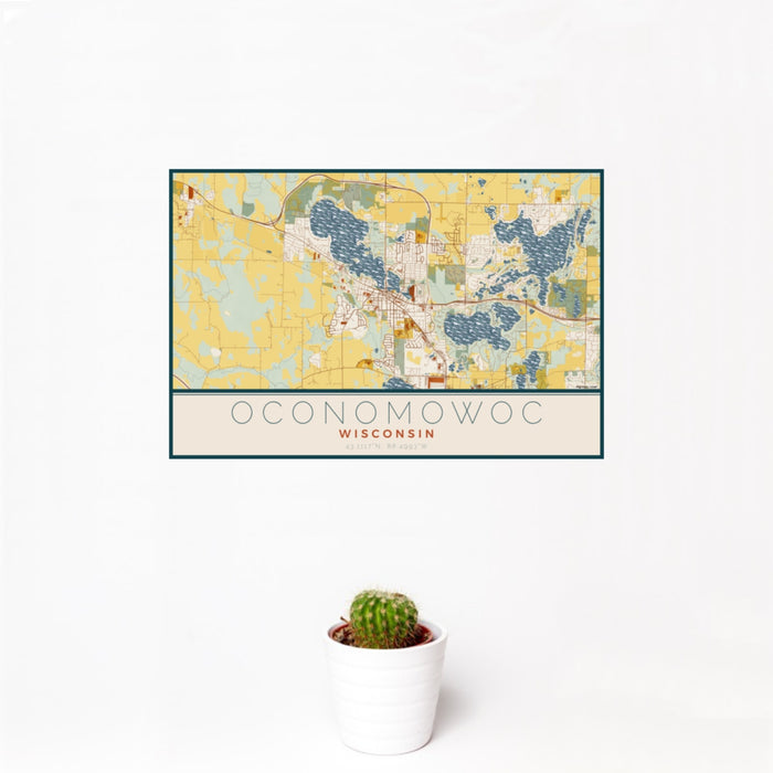 12x18 Oconomowoc Wisconsin Map Print Landscape Orientation in Woodblock Style With Small Cactus Plant in White Planter