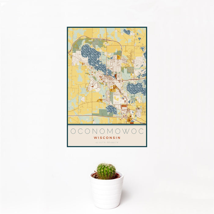 12x18 Oconomowoc Wisconsin Map Print Portrait Orientation in Woodblock Style With Small Cactus Plant in White Planter