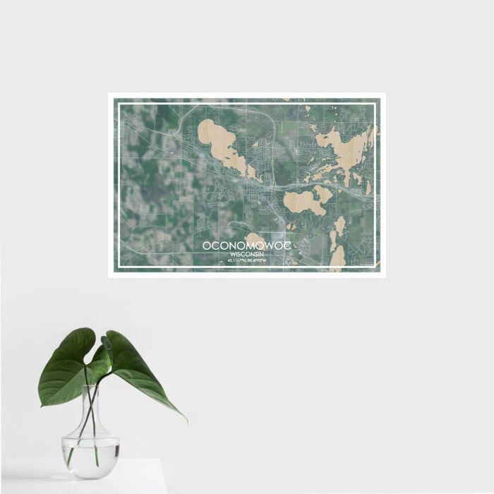 16x24 Oconomowoc Wisconsin Map Print Landscape Orientation in Afternoon Style With Tropical Plant Leaves in Water