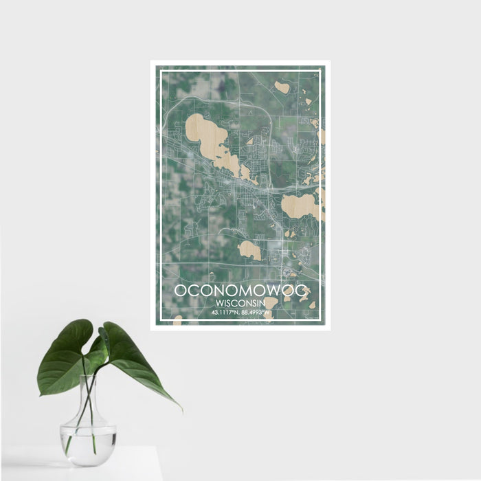 16x24 Oconomowoc Wisconsin Map Print Portrait Orientation in Afternoon Style With Tropical Plant Leaves in Water