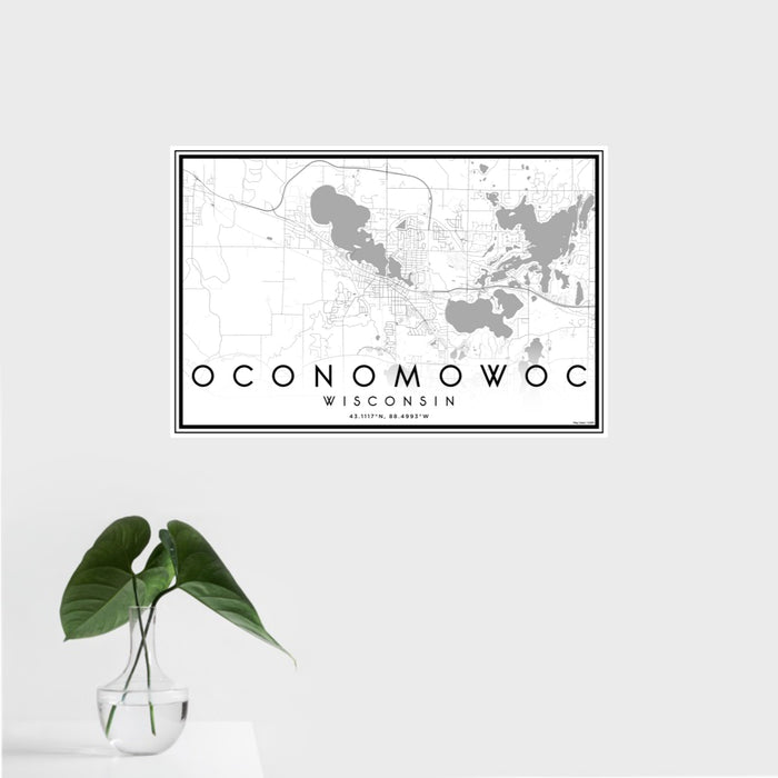 16x24 Oconomowoc Wisconsin Map Print Landscape Orientation in Classic Style With Tropical Plant Leaves in Water