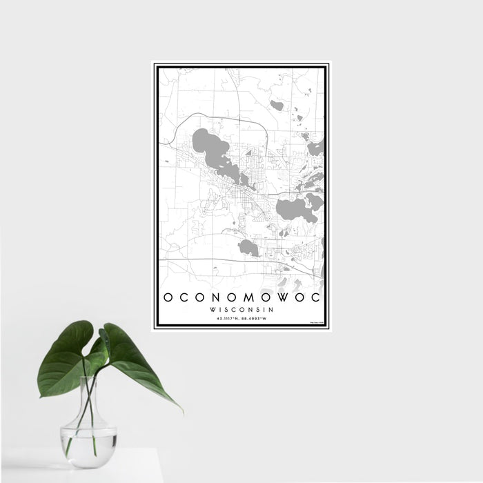 16x24 Oconomowoc Wisconsin Map Print Portrait Orientation in Classic Style With Tropical Plant Leaves in Water