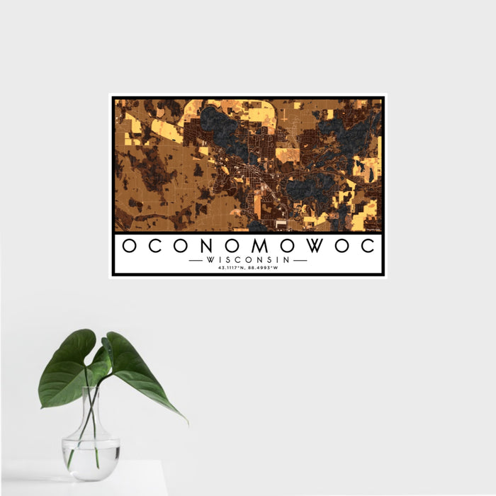 16x24 Oconomowoc Wisconsin Map Print Landscape Orientation in Ember Style With Tropical Plant Leaves in Water
