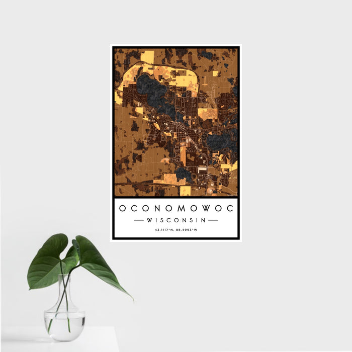 16x24 Oconomowoc Wisconsin Map Print Portrait Orientation in Ember Style With Tropical Plant Leaves in Water