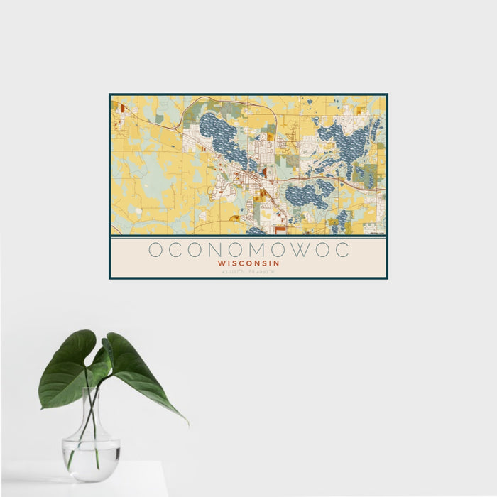16x24 Oconomowoc Wisconsin Map Print Landscape Orientation in Woodblock Style With Tropical Plant Leaves in Water