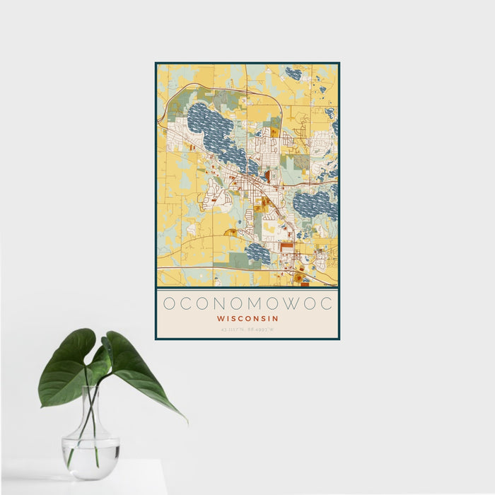16x24 Oconomowoc Wisconsin Map Print Portrait Orientation in Woodblock Style With Tropical Plant Leaves in Water