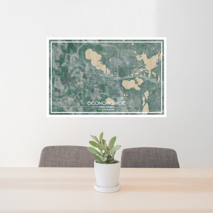 24x36 Oconomowoc Wisconsin Map Print Lanscape Orientation in Afternoon Style Behind 2 Chairs Table and Potted Plant