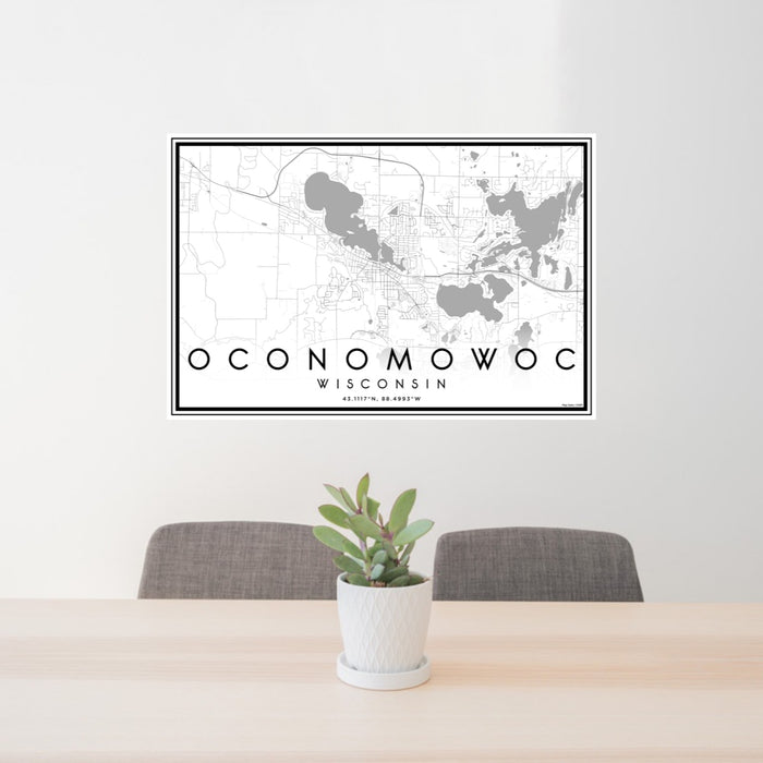 24x36 Oconomowoc Wisconsin Map Print Lanscape Orientation in Classic Style Behind 2 Chairs Table and Potted Plant