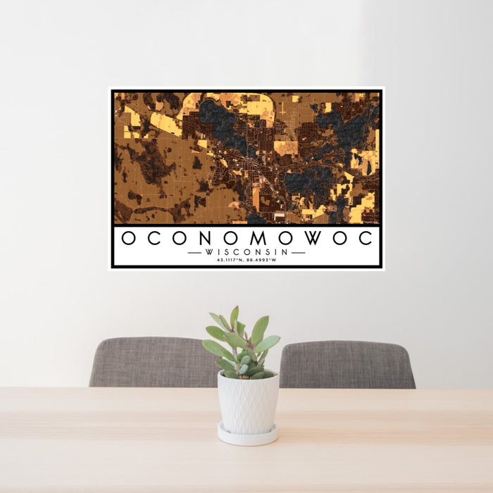 24x36 Oconomowoc Wisconsin Map Print Lanscape Orientation in Ember Style Behind 2 Chairs Table and Potted Plant