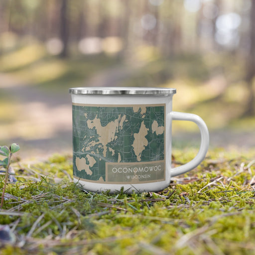Right View Custom Oconomowoc Wisconsin Map Enamel Mug in Afternoon on Grass With Trees in Background