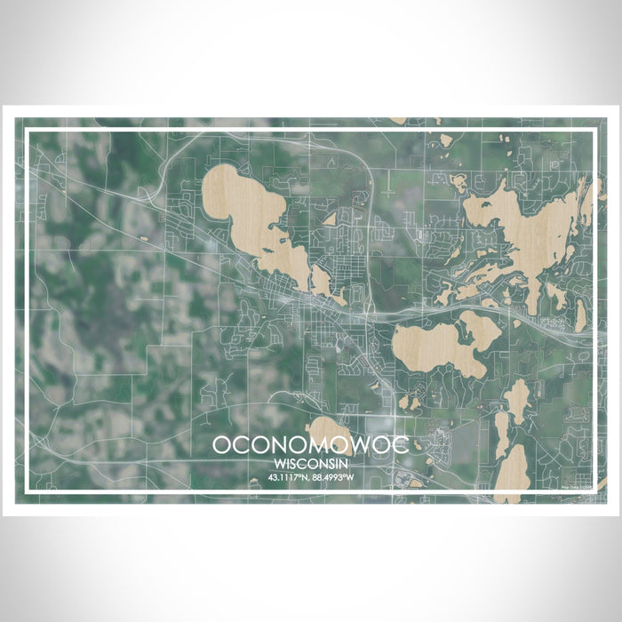 Oconomowoc Wisconsin Map Print Landscape Orientation in Afternoon Style With Shaded Background
