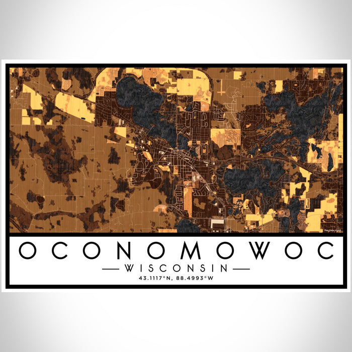 Oconomowoc Wisconsin Map Print Landscape Orientation in Ember Style With Shaded Background