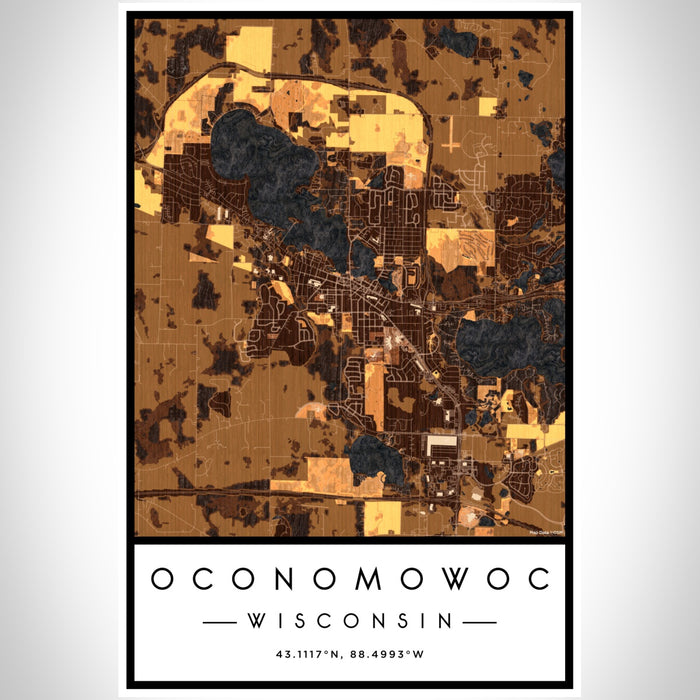 Oconomowoc Wisconsin Map Print Portrait Orientation in Ember Style With Shaded Background