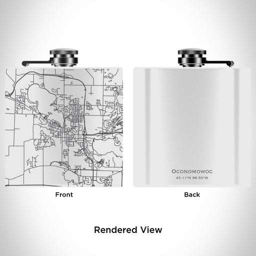 Rendered View of Oconomowoc Wisconsin Map Engraving on 6oz Stainless Steel Flask in White