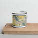 Front View Custom Oconomowoc Wisconsin Map Enamel Mug in Woodblock on Cutting Board