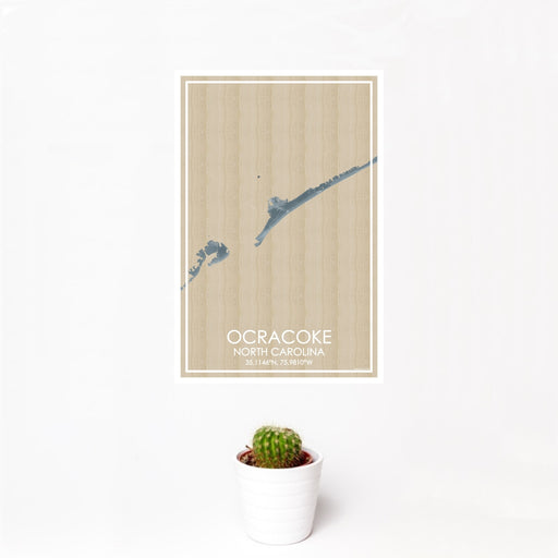 12x18 Ocracoke North Carolina Map Print Portrait Orientation in Afternoon Style With Small Cactus Plant in White Planter