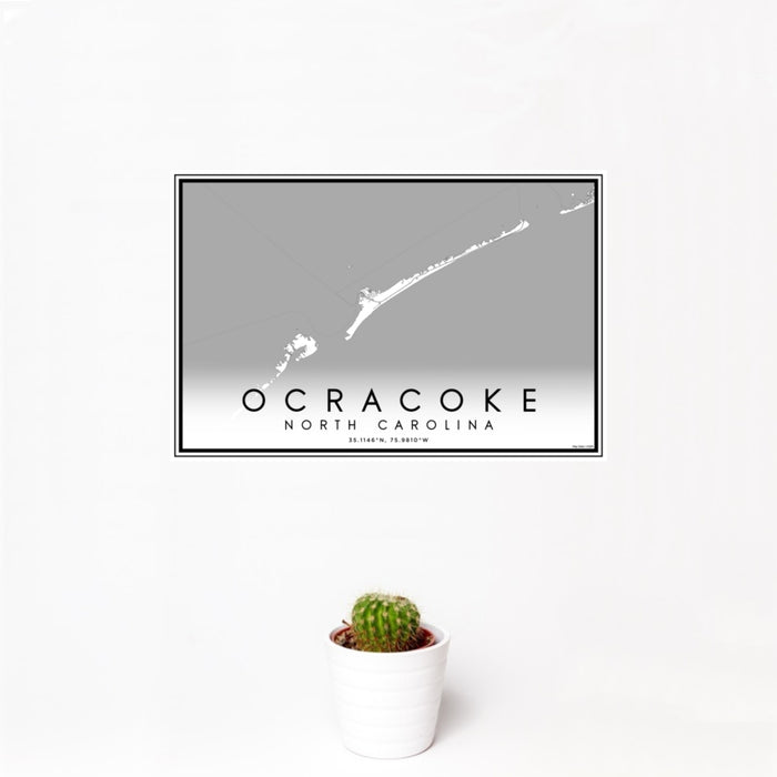 12x18 Ocracoke North Carolina Map Print Landscape Orientation in Classic Style With Small Cactus Plant in White Planter