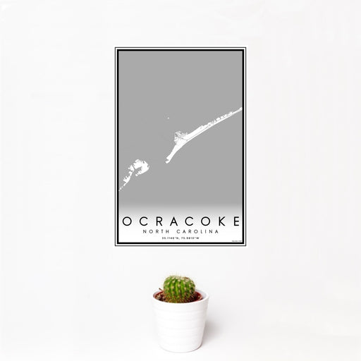 12x18 Ocracoke North Carolina Map Print Portrait Orientation in Classic Style With Small Cactus Plant in White Planter