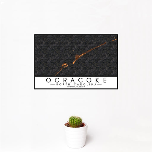 12x18 Ocracoke North Carolina Map Print Landscape Orientation in Ember Style With Small Cactus Plant in White Planter