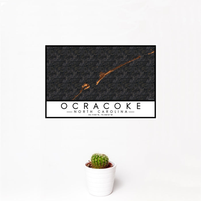 12x18 Ocracoke North Carolina Map Print Landscape Orientation in Ember Style With Small Cactus Plant in White Planter