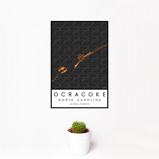 12x18 Ocracoke North Carolina Map Print Portrait Orientation in Ember Style With Small Cactus Plant in White Planter