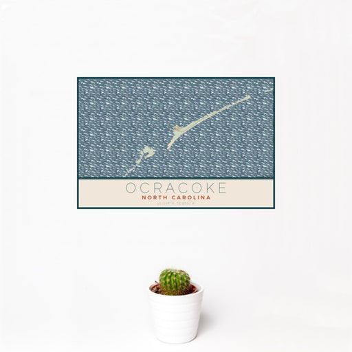 12x18 Ocracoke North Carolina Map Print Landscape Orientation in Woodblock Style With Small Cactus Plant in White Planter