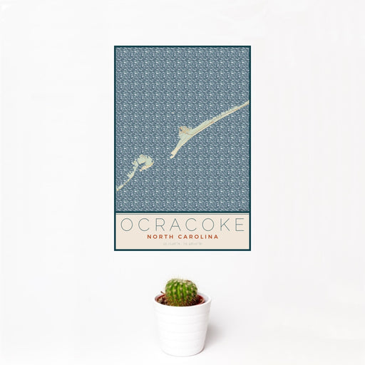 12x18 Ocracoke North Carolina Map Print Portrait Orientation in Woodblock Style With Small Cactus Plant in White Planter
