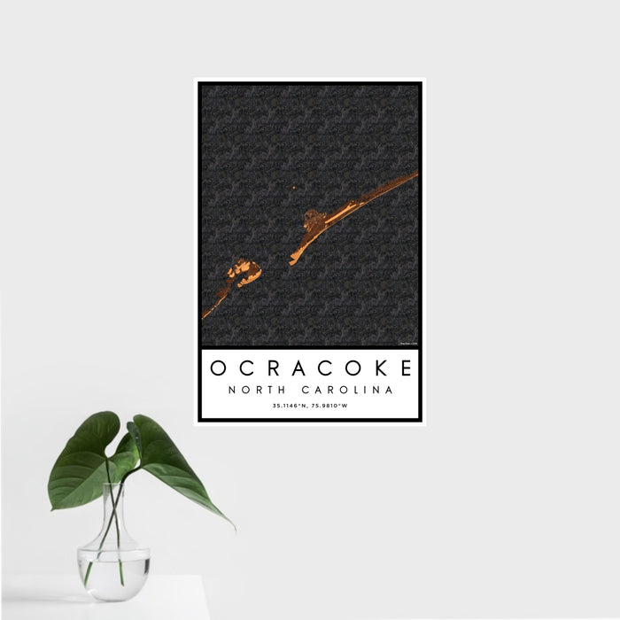 16x24 Ocracoke North Carolina Map Print Portrait Orientation in Ember Style With Tropical Plant Leaves in Water