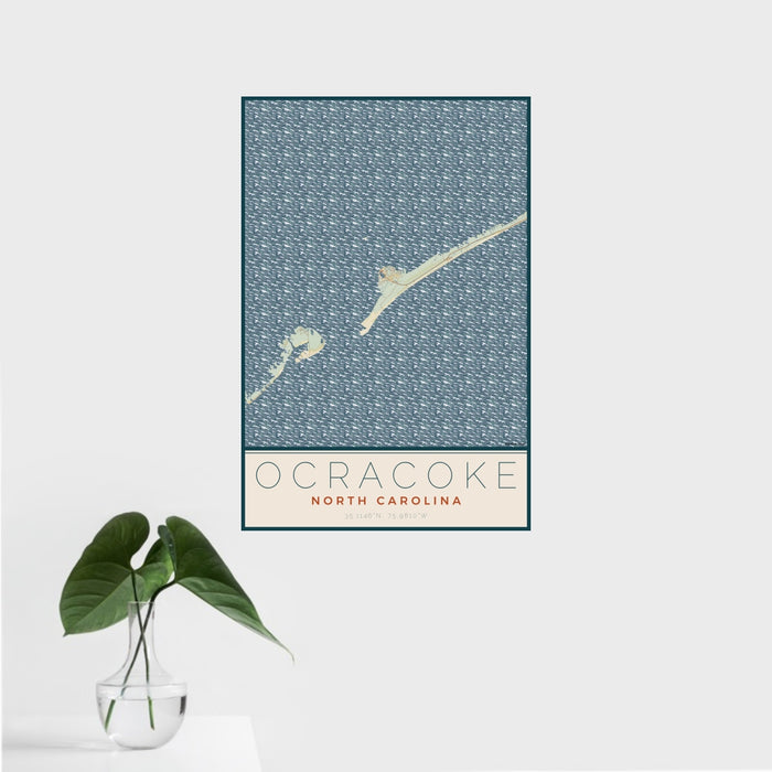 16x24 Ocracoke North Carolina Map Print Portrait Orientation in Woodblock Style With Tropical Plant Leaves in Water