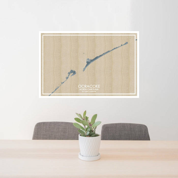 24x36 Ocracoke North Carolina Map Print Lanscape Orientation in Afternoon Style Behind 2 Chairs Table and Potted Plant