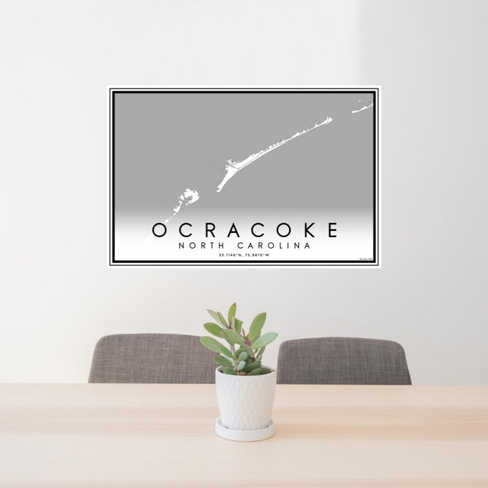 24x36 Ocracoke North Carolina Map Print Lanscape Orientation in Classic Style Behind 2 Chairs Table and Potted Plant