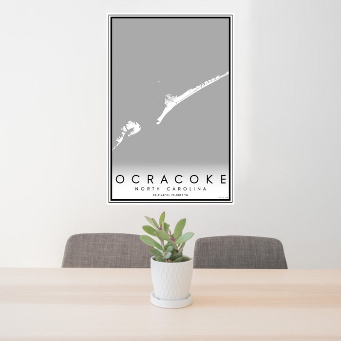 24x36 Ocracoke North Carolina Map Print Portrait Orientation in Classic Style Behind 2 Chairs Table and Potted Plant