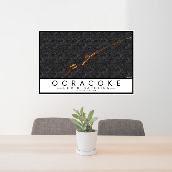 24x36 Ocracoke North Carolina Map Print Lanscape Orientation in Ember Style Behind 2 Chairs Table and Potted Plant