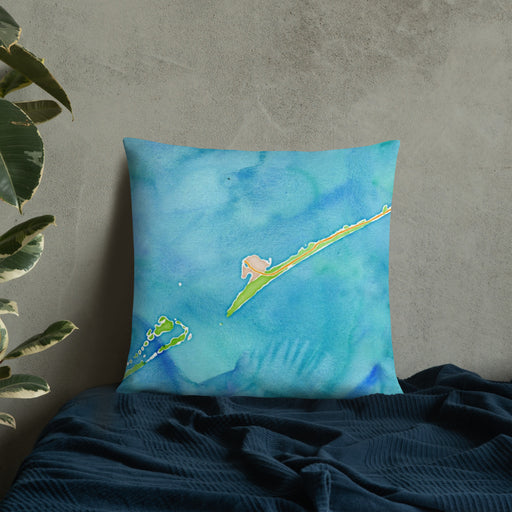 Custom Ocracoke North Carolina Map Throw Pillow in Watercolor on Bedding Against Wall