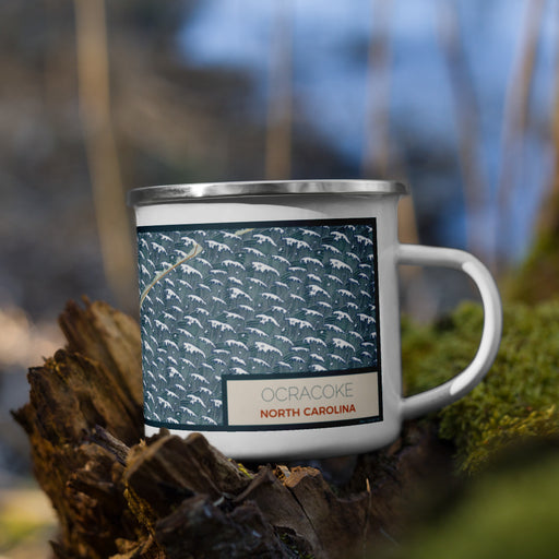 Right View Custom Ocracoke North Carolina Map Enamel Mug in Woodblock on Grass With Trees in Background