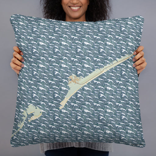Person holding 22x22 Custom Ocracoke North Carolina Map Throw Pillow in Woodblock