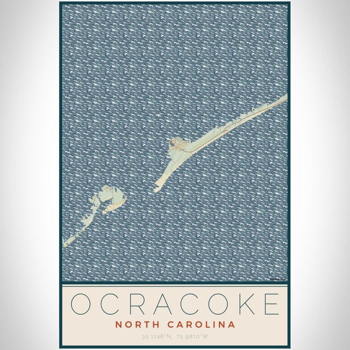 Ocracoke North Carolina Map Print Portrait Orientation in Woodblock Style With Shaded Background