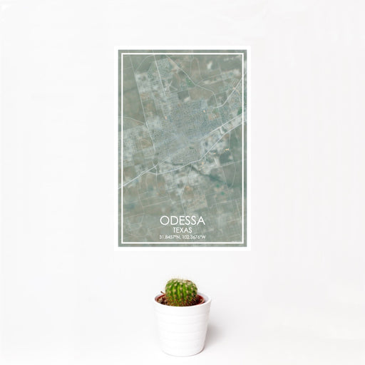 12x18 Odessa Texas Map Print Portrait Orientation in Afternoon Style With Small Cactus Plant in White Planter