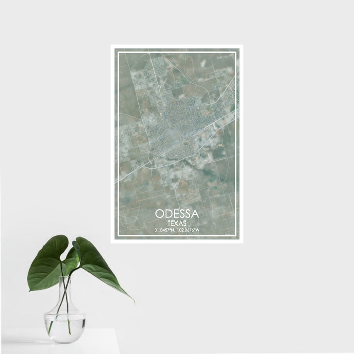 16x24 Odessa Texas Map Print Portrait Orientation in Afternoon Style With Tropical Plant Leaves in Water