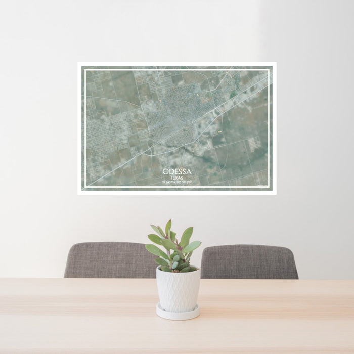 24x36 Odessa Texas Map Print Lanscape Orientation in Afternoon Style Behind 2 Chairs Table and Potted Plant