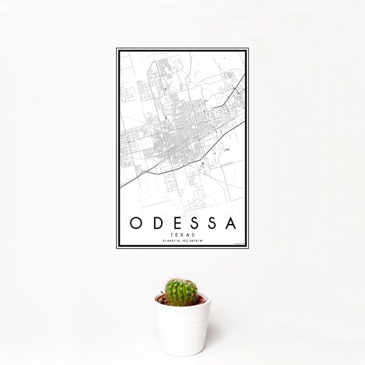 12x18 Odessa Texas Map Print Portrait Orientation in Classic Style With Small Cactus Plant in White Planter