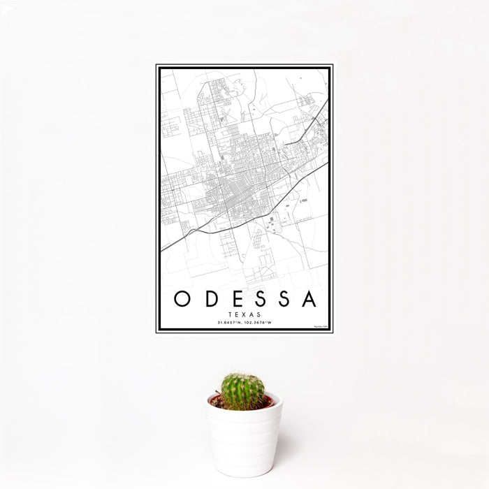 12x18 Odessa Texas Map Print Portrait Orientation in Classic Style With Small Cactus Plant in White Planter