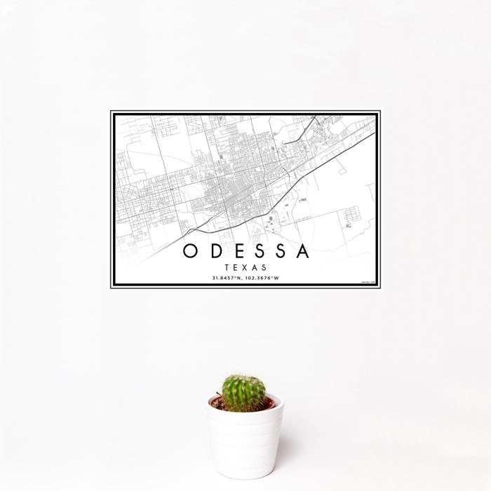 12x18 Odessa Texas Map Print Landscape Orientation in Classic Style With Small Cactus Plant in White Planter