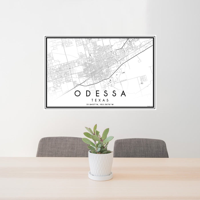 24x36 Odessa Texas Map Print Landscape Orientation in Classic Style Behind 2 Chairs Table and Potted Plant